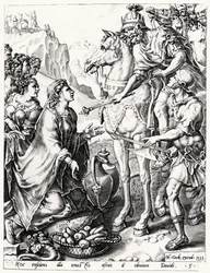 Das Opfer von Abigail an König David, graviert von Hieronymus Cock (ca. 1510-70), 1555